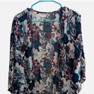 Rachel & Chloe Women's Size L Blue Red Fringe Floral Print Kimono Cover up